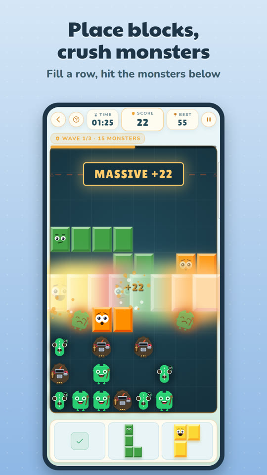 Defence mode: placing blocks to crush monsters